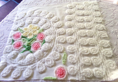 bridal cake vintage chenille fabric, lovely sculpted white curlicues & rosette florals, 20" x 23" inch piece of cotton sewing material