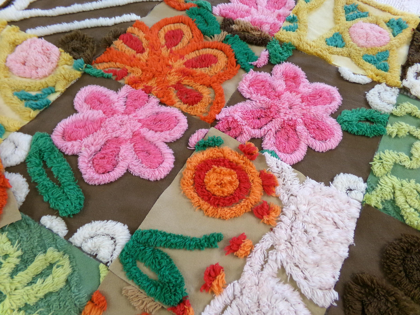 flower power vintage chenille fabric squares, set of 16 boho 70s style 6" blocks for arts & crafts, sewing