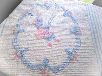vintage chenille fabric panel: carefree little girl on swing in cameo of pink lilies, 28" x 38" large cut piece