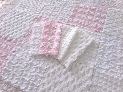 angel feathers chenille fabric squares, pink & white rosebud, lattice, dots, squiggles, vintage square set of 16 quilt blocks, 6" x 6" inch