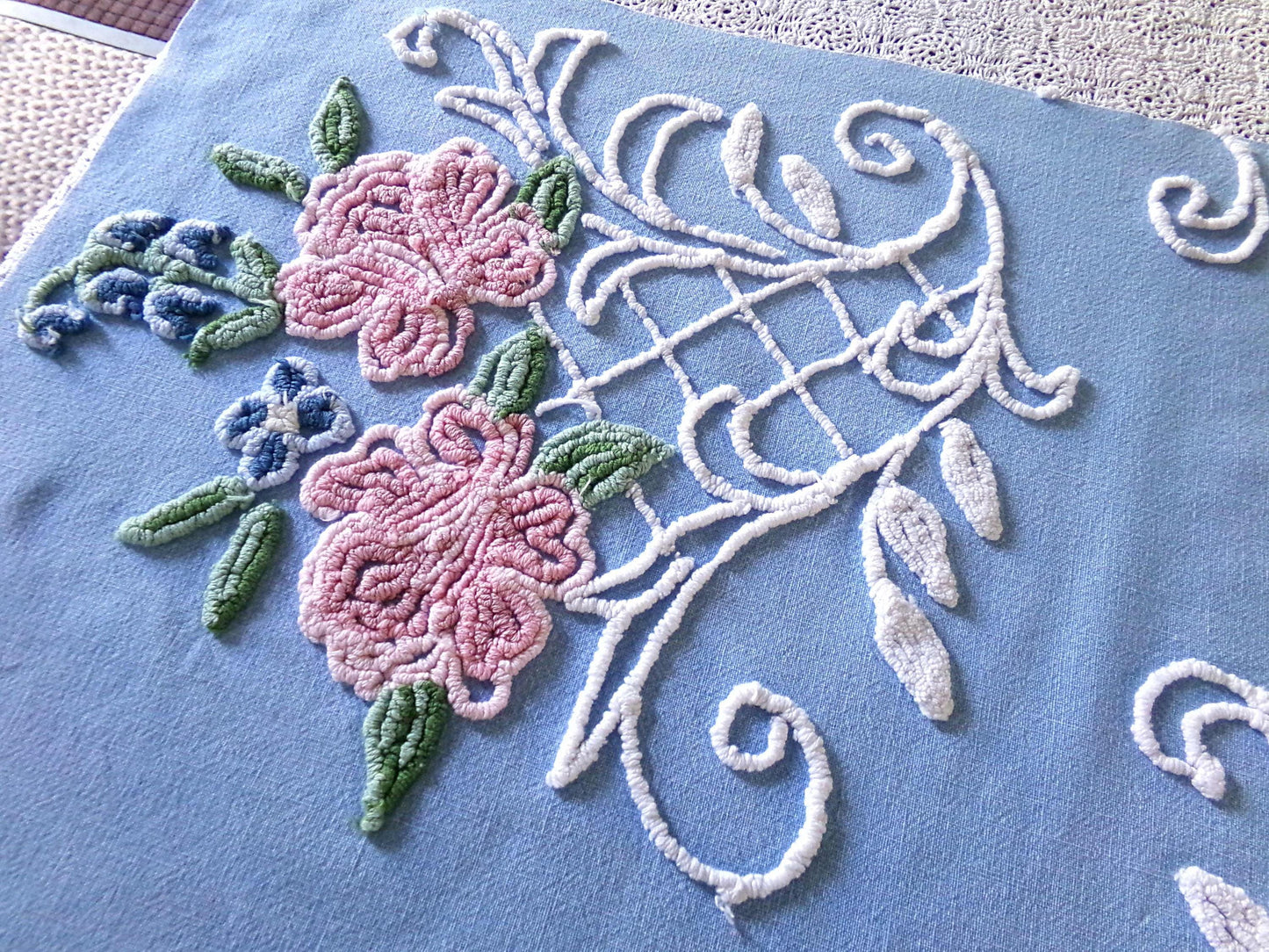 Most Beautiful Old Rose Vintage Chenille Fabric, 17.5" x 32" inch Piece, White Trellis & Scrollwork on Sky Blue Cotton, for Quilts, Pillows