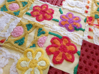 16 vintage 6" chenille fabric squares, set of yellow red quilt blocks, roses & sunshine