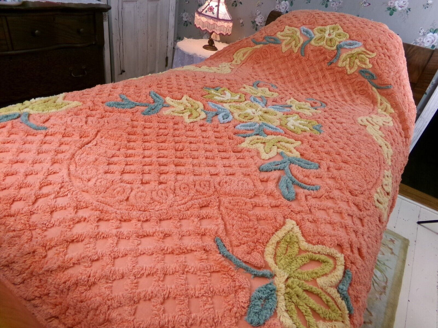 Vivid Orange Floral Vintage Chenille Bedspread, Boxed & Fitted Design, Full Size