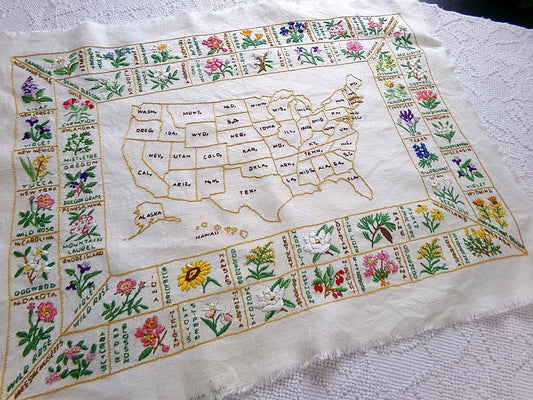 Vintage Embroidery Sampler 50 United States Flowers USA Map Heirloom Piece on 100% Belgian Linen, Paragon Stitchery, Completed, Unframed