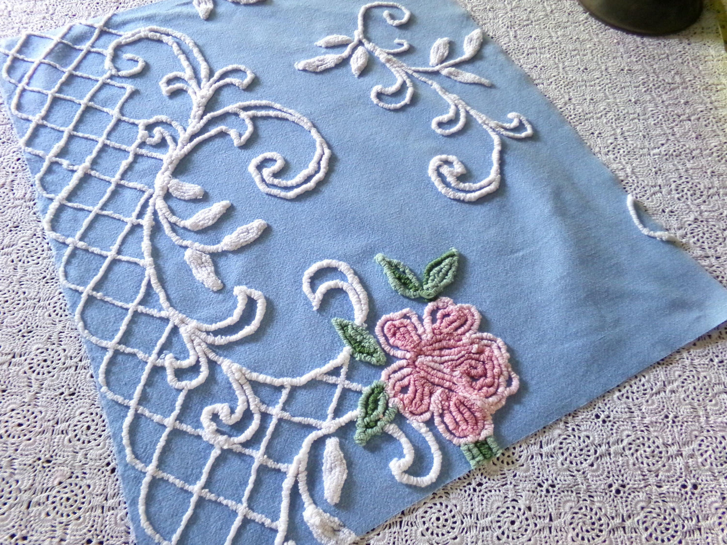 Romantic Pink Rose Vintage Chenille Fabric, 18" x 22" inch Piece, Blue Cotton Bkgd, Pretty for Pillow Covers or Quilting