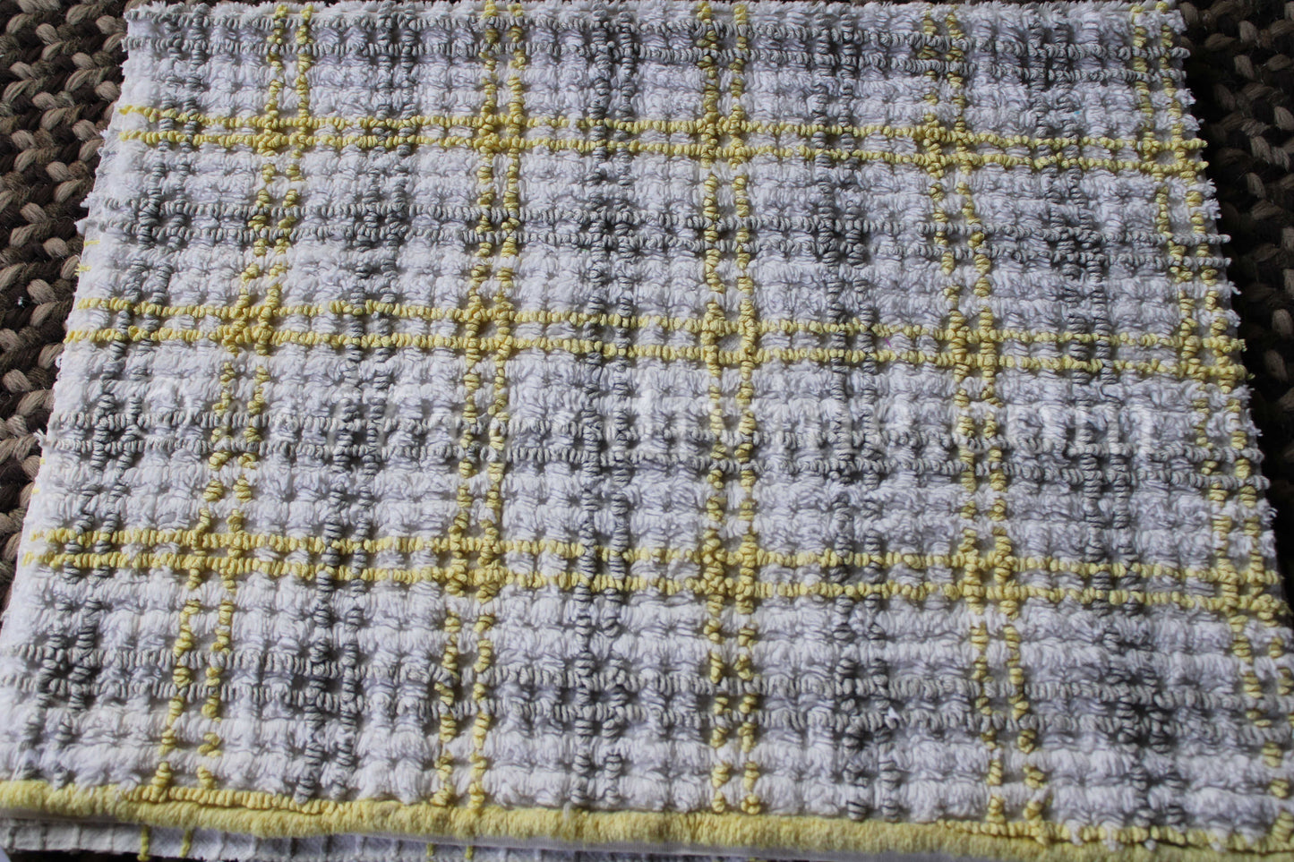 Stormy Grey, Sunny Yellow Plaid Vintage Chenille FABRIC PIECE, 17" x 26" inches, Cabin Crafts Texturized Contrast Needletufting