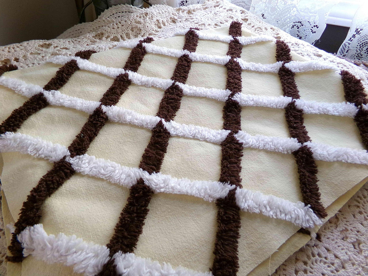 Buttery Yellow Chenille Crosshatch Fabric, Wide Tufted Chocolate Brown & White Lines, 20" x 25" inch Vintage MCM Cotton Material