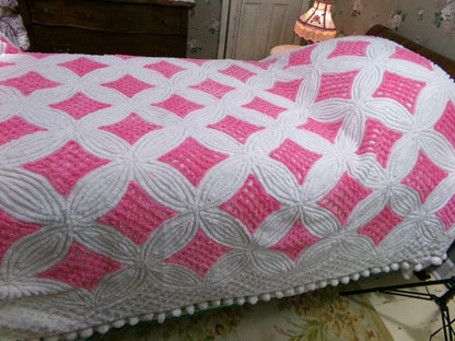 dreamy pink & white vintage chenille bedspread, waffle tufts in swirl flower petal design, pom pom trim, 100% plush cotton full size bedding