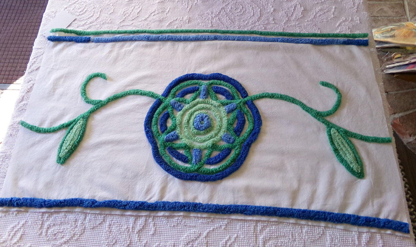 mod retro giant flower chenille fabric, great for a wall hanging, vintage handmade 17" x 30" inch piece