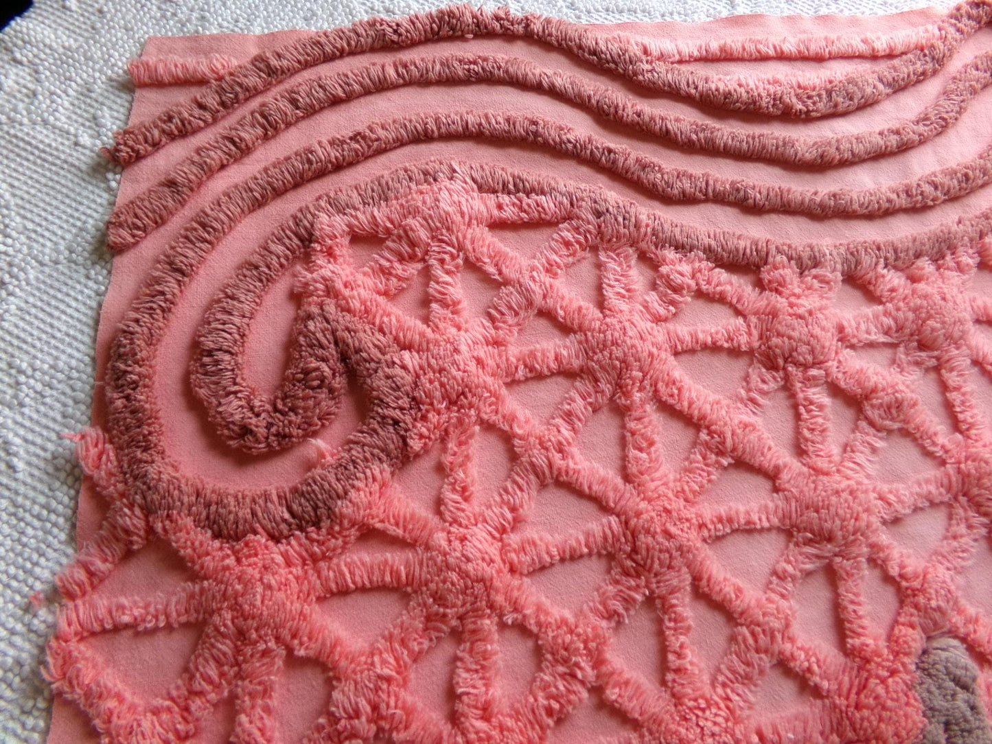 unique vintage chenille fabric panel in twinkle starburst pattern, nostalgic sewing material for quilts & pillows, 23" x 20" inch piece