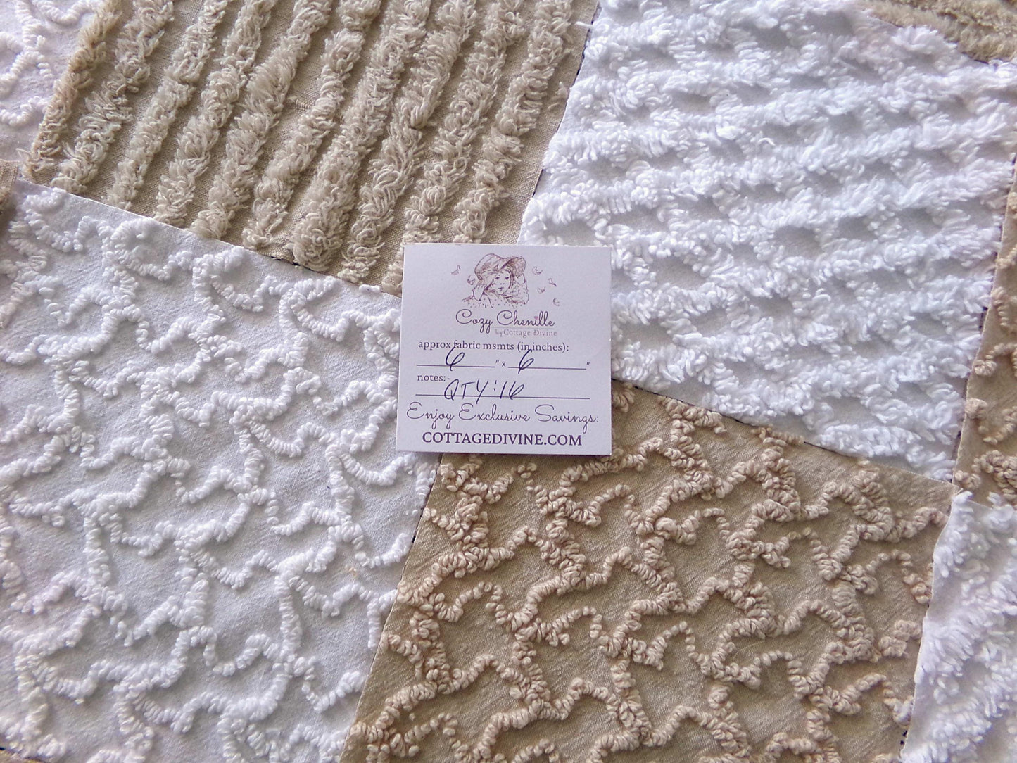 On Trend Neutral Chenille Fabric Squares for Quilting & Crafts in Versatile Sand, Vintage Mocha, White - 16 Rotary Cut Blocks, 6" x 6" inch