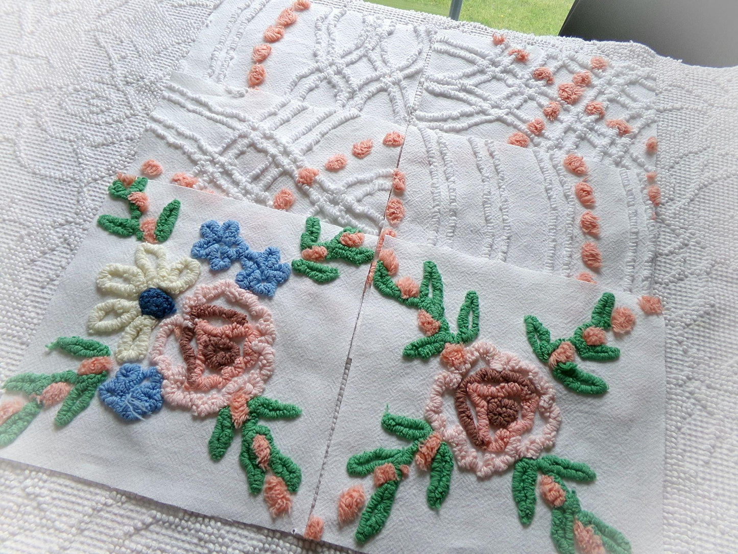 cottage style chenille fabric squares, set of 6 vintage 7.5" quilt blocks, peach, white rose floral & geometric for sewing, crafts, quilting