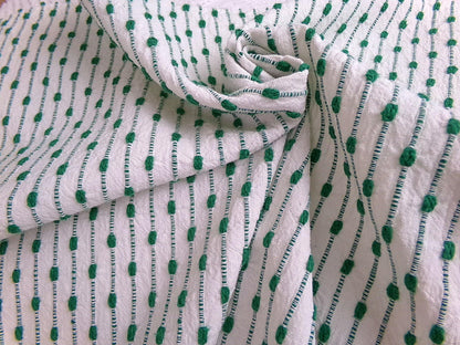 preppy kelly green textured fabric piece, vintage chenille raindrop dots on white woven cotton, great in quilts, xmas stockings, 20" x 25"