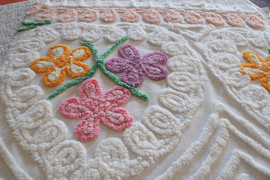 Pretty Floral Heart Vintage Chenille FABRIC PIECE, 24" x 23" inches, Colorful Flowers