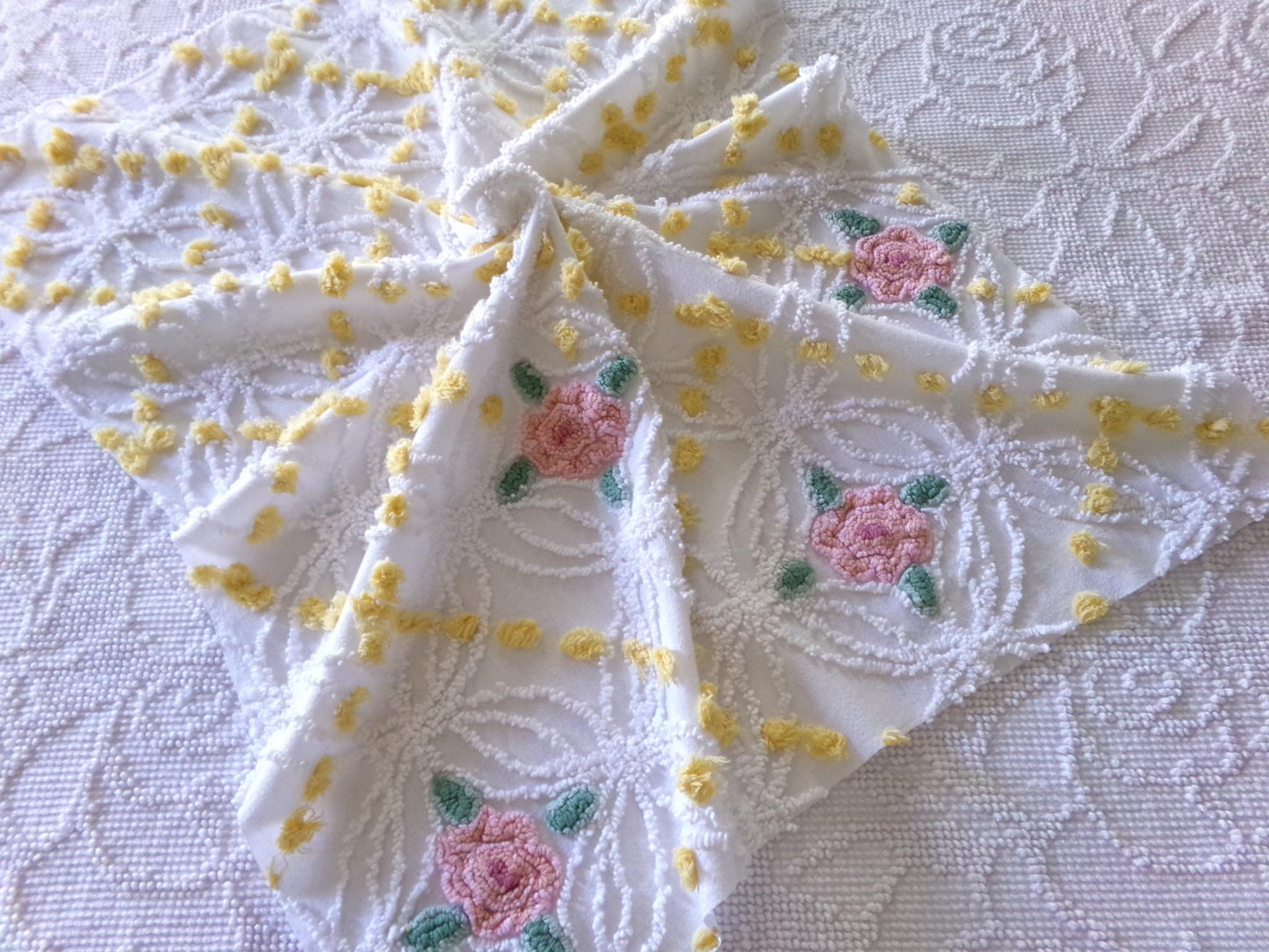 pink roses chenille fabric with goldenrod yellow pops, shabby chic vintage 20" x 24" inch piece of quilt material