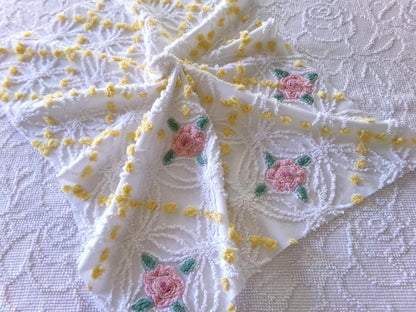 pink roses chenille fabric with goldenrod yellow pops, shabby chic vintage 20" x 24" inch piece of quilt material