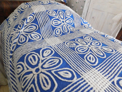 Shabby Chic Coastal Cottage Royal Blue Bold Floral Vintage Chenille Bedspread, FULL, Cotton