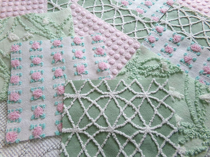 secret garden chenille fabric squares, 16 vintage 6" quilt blocks in pink & green, for sewing, crafts, fiber arts