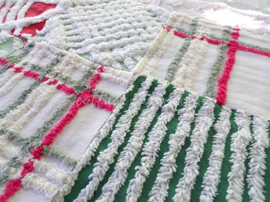 Christmas Quilt Squares Set, Rotary Cut from Vintage Chenille Bedspread Fabric, 16 Blocks, 6" x 6" inch, Traditional Red, Green & White