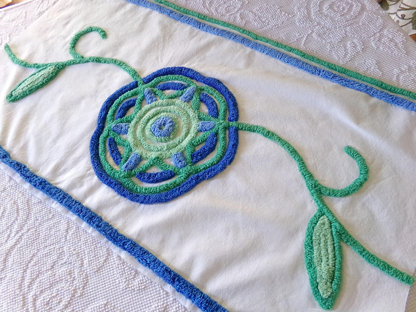 mod retro giant flower chenille fabric, great for a wall hanging, vintage handmade 17" x 30" inch piece