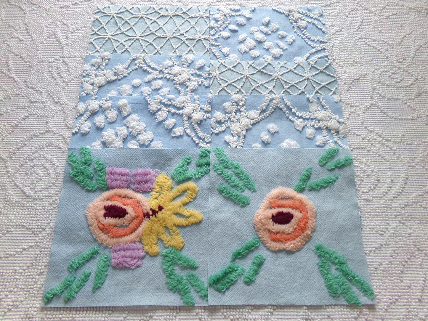coastal wanderings chenille fabric squares, set of 8 vintage 7.5" quilt blocks, sky blue & white, for sewing, crafts, quilting