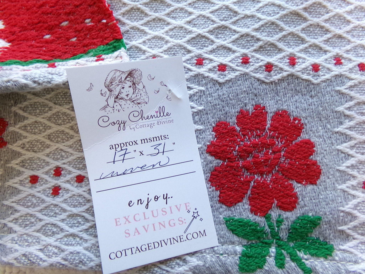 steel grey red floral vintage woven fabric, midcentury MCM reversible white lattice sewing material, 17" x 31" inch cut piece