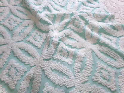 vintage aqua chenille fabric, white petals geometric design, 20" x 24" piece of sewing material