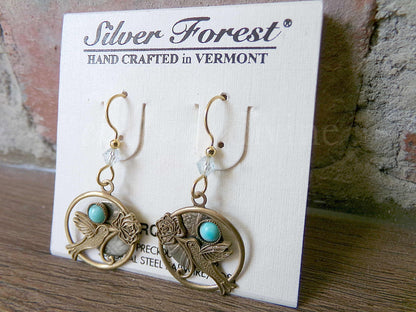 Hummingbird Rose Pierced Dangle Earrings, Turquoise Accent Vintage Style Silver Forest Vermont Boho Design