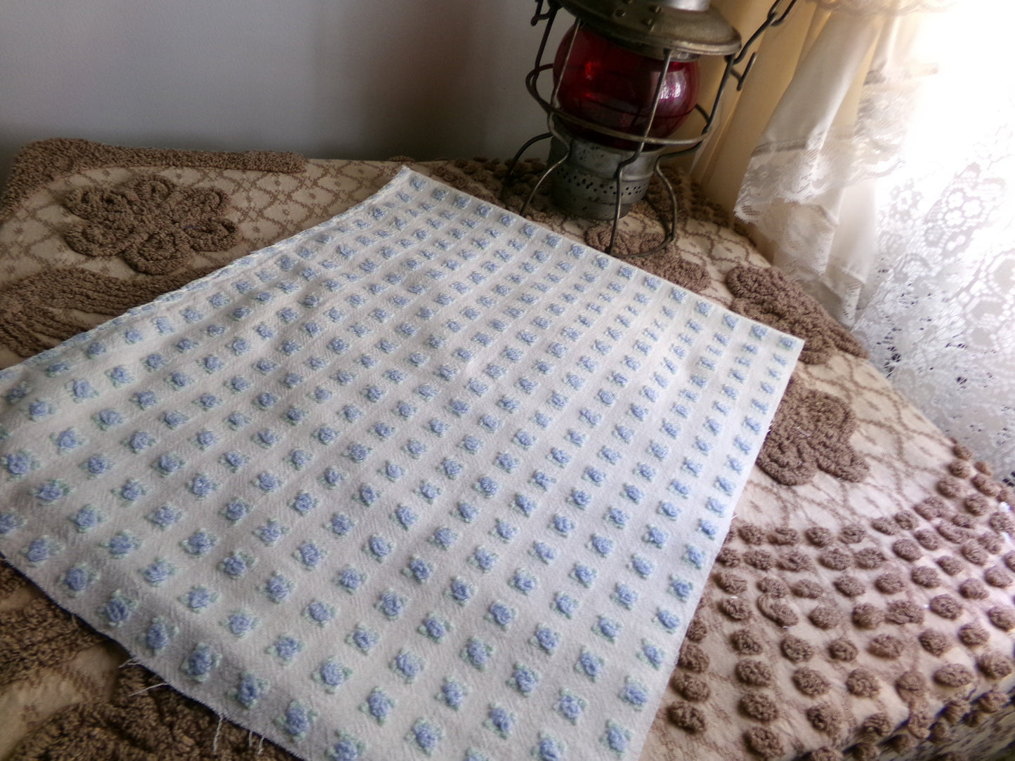 Miniature Blue Rosebuds Vintage Chenille Quilt Fabric, 12" x 29" inch Piece, Micro Roses on Lightweight Cotton