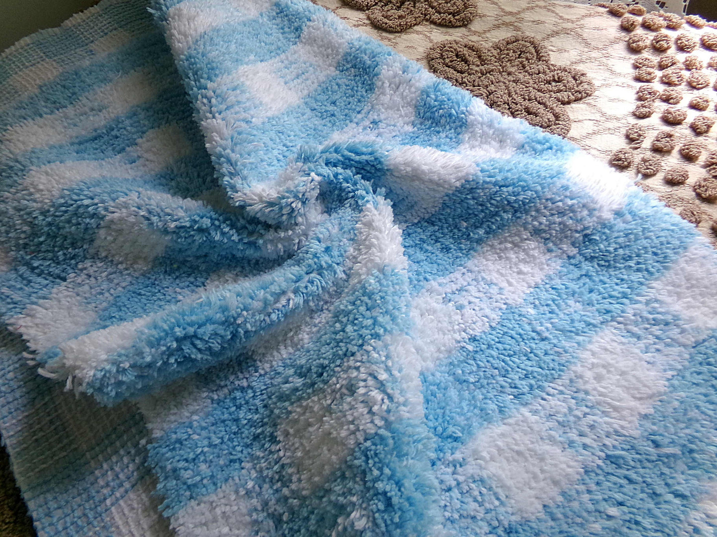 Cuddly Vintage Chenille Fabric in Cozy Blue & White Gingham Country Plaid, 18" x 24" inch Piece, Soft Plush Cotton Blend