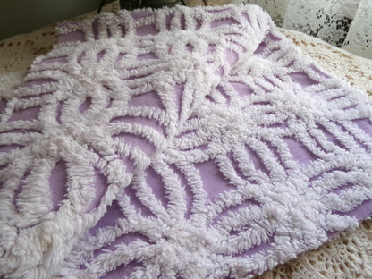 lilac chenille fabric, plush white wedding rings on purple, 18" x 24" inch piece cut from vintage chenille bedspread