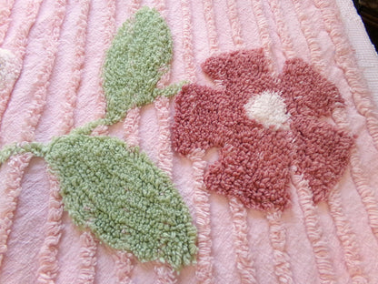 romantic cottage chenille pillow sham, vintage style daisy floral on pink cotton with envelope back, SINGLE, not a pair