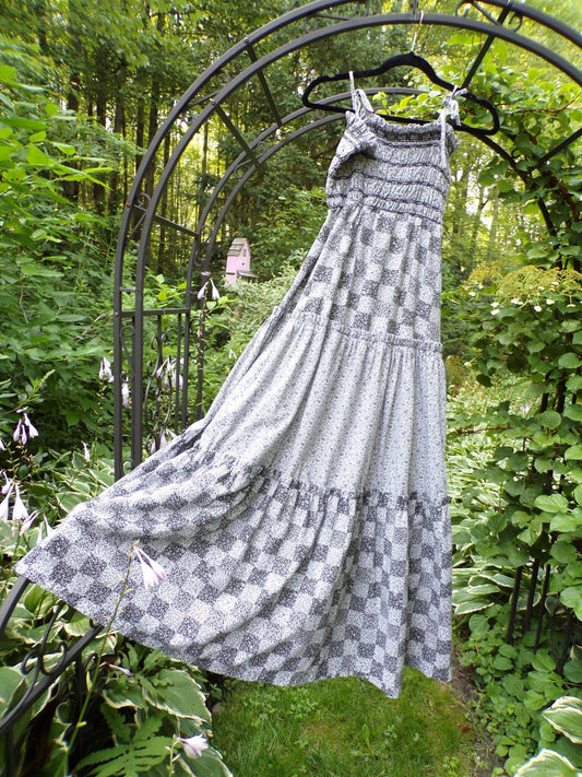 Butterfly Vintage Prairie Dress, Black & White Calico Print, Tie Strap Tiered Maxi Sundress, Candi Jones California, Boho Style Big Sweep, S