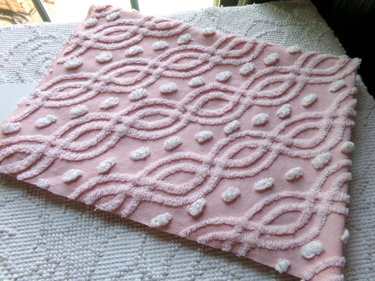 pink eternity link vintage chenille fabric, feminine romantic sewing material for quilts & pillows, 17" x 25" inch piece
