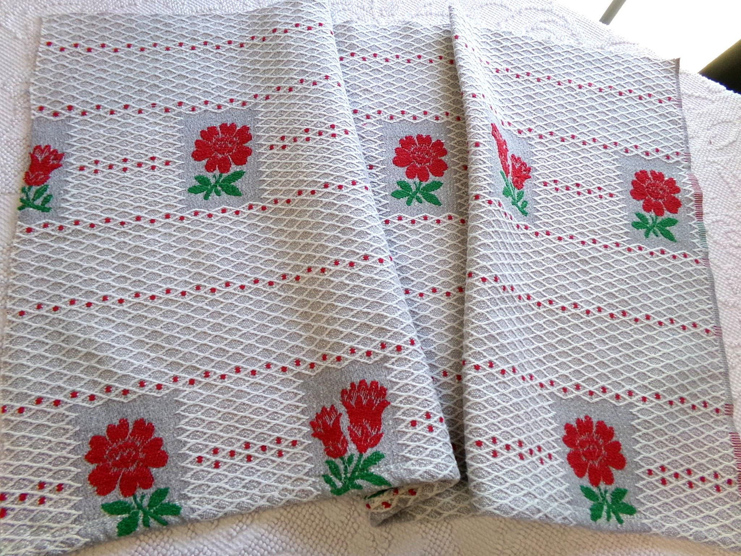 steel grey red floral vintage woven fabric, midcentury MCM reversible white lattice sewing material, 17" x 31" inch cut piece