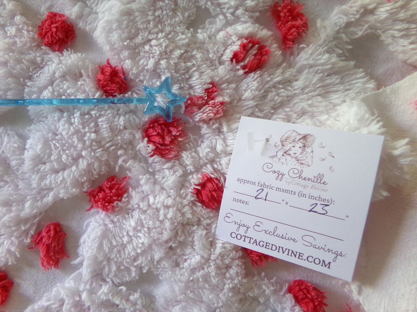 red roses in snow white vintage chenille fabric, 21" x 23" inch piece of shabby style sewing material for quilts & crafts