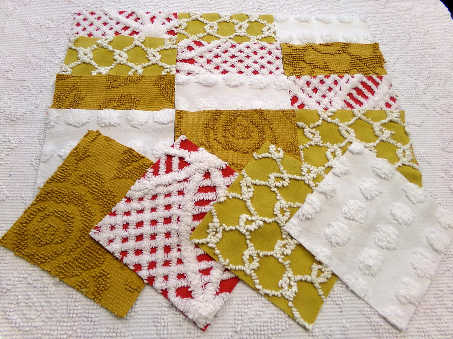 Vintage Chenille Fabric Squares - Set of 16 - Sporty Gold, White & Red - 6" Quilt Blocks