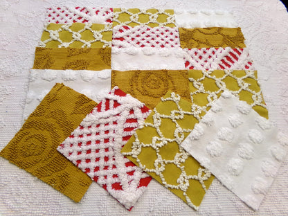 Vintage Chenille Fabric Squares - Set of 16 - Sporty Gold, White & Red - 6" Quilt Blocks