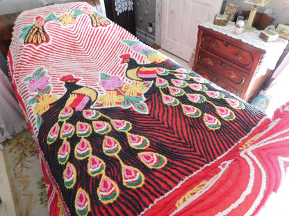 Vivid Red Peacock Vintage Chenille Bedspread, Rainbow Lovebirds with Gothic Black Feathers, 100% Cotton Full Size Bedding