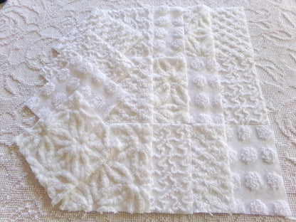 cherub feathers white chenille fabric squares, cut from vintage chenille bedspreads in popular patterns, set of 16 quilt blocks, 6" inch ea