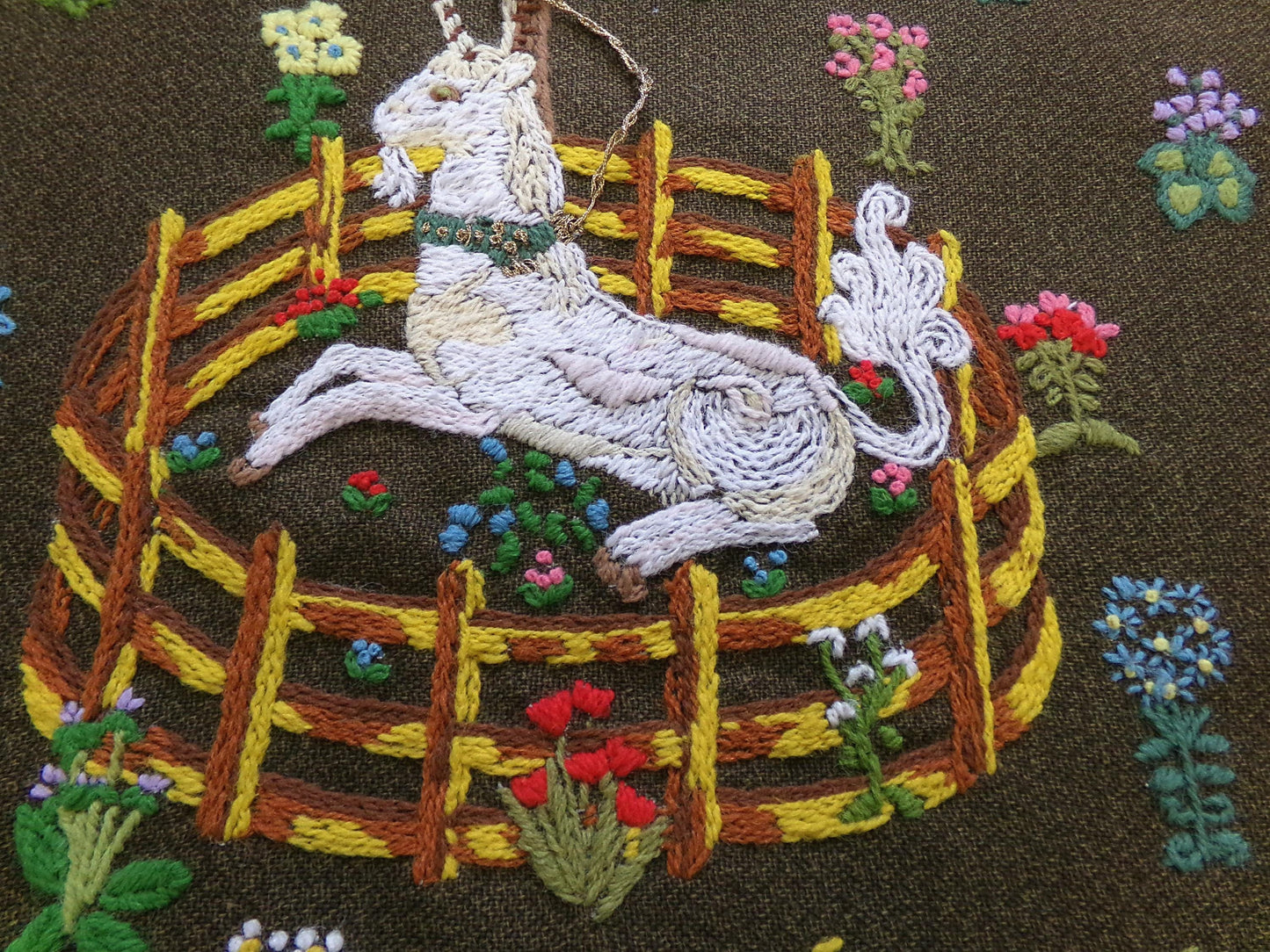 Unicorn in Captivity Completed Crewel Embroidery, Paragon 0846 Stitchery, Medieval Old World Tapestry Style Adaptation
