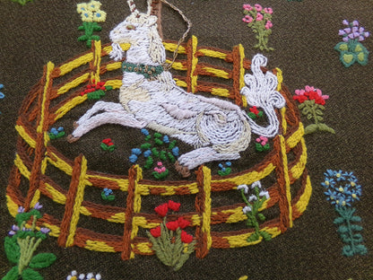 Unicorn in Captivity Completed Crewel Embroidery, Paragon 0846 Stitchery, Medieval Old World Tapestry Style Adaptation