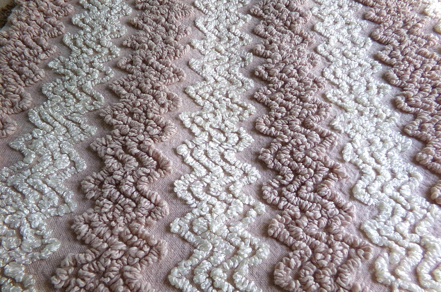 Vintage Chenille Fabric in Toasted Mocha & Vanilla Cream, 19" x 25" inch Piece, Texturized Zig Zags