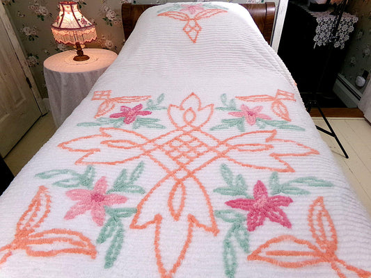 botanical white chenille bedspread, pink lily flowers & citrus orange scrollwork, full size cotton bedding, great summer coverlet