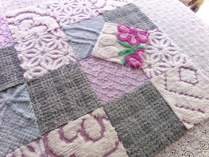 Sweet Dreams Vintage Chenille Fabric Squares, in Grey, Lilac, White & Blue, Set of 17 Blocks, 6" Each for Quilts, Crafts