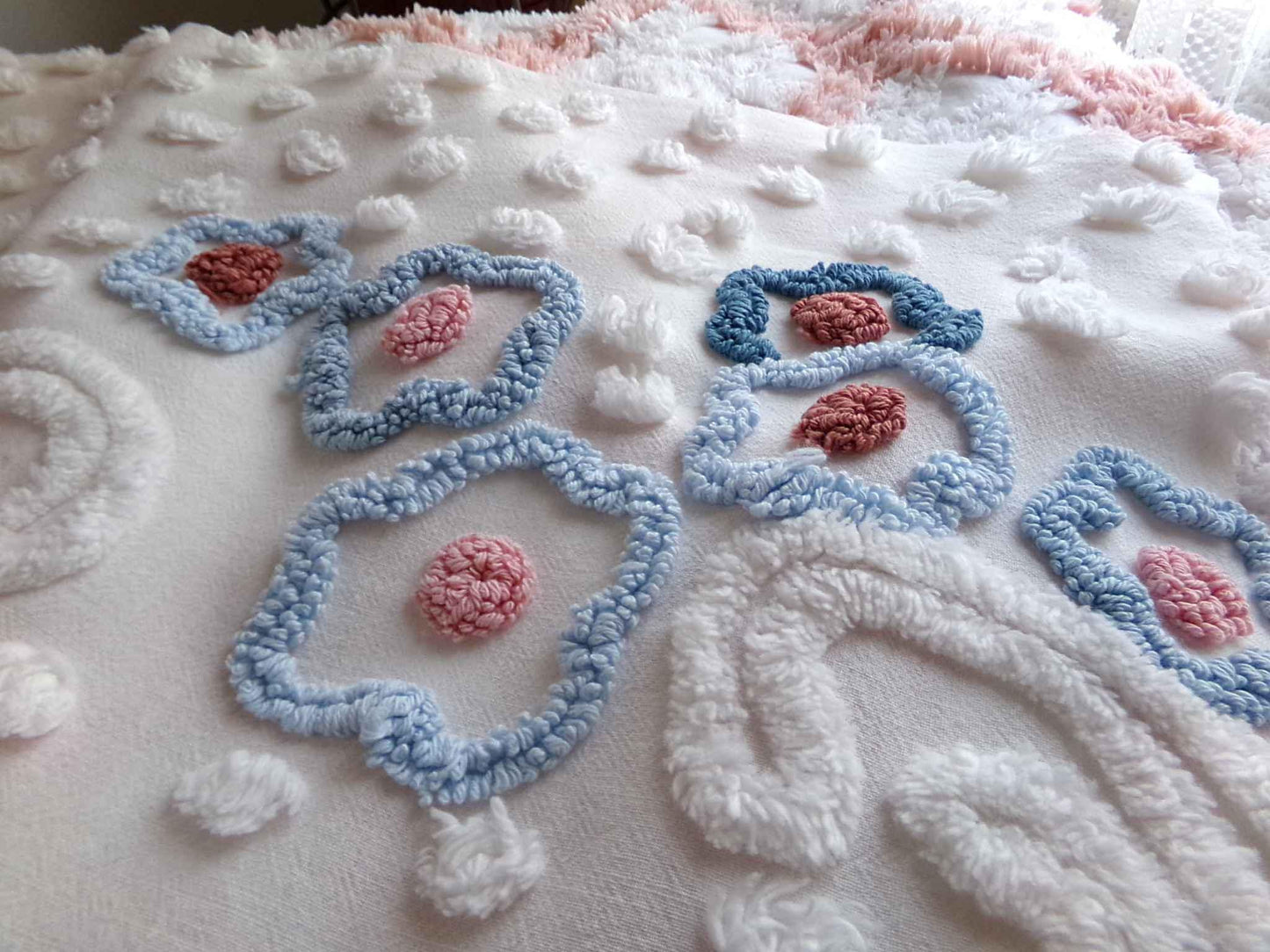 Dreamy Florals Vintage Chenille Material, 29" x 24" inch Fabric Piece, Beautifully Tufted Spring Flower Design on White Cotton