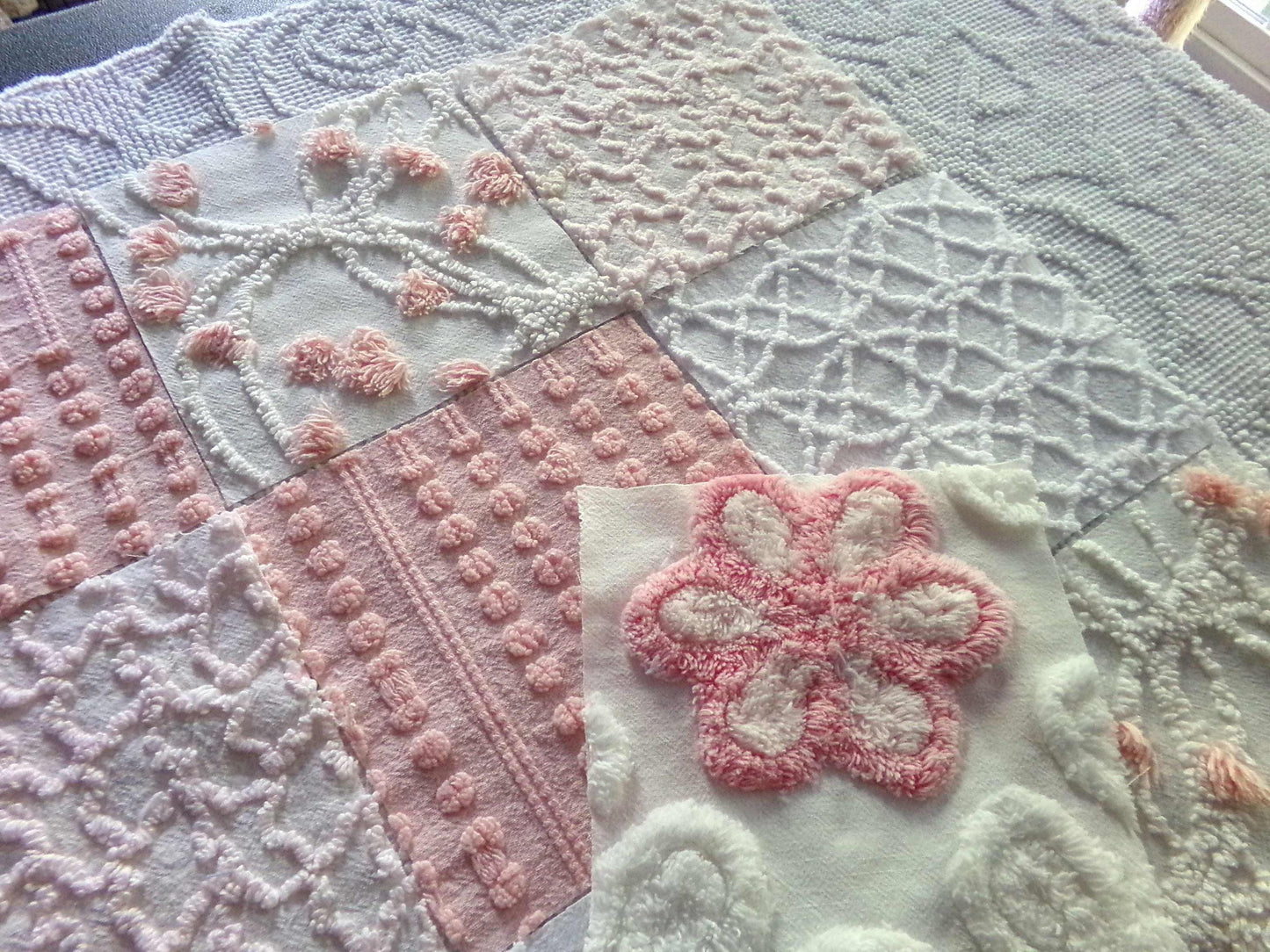Think Pink Chenille Fabric Squares Set, 17 Vintage Quilt Blocks, 6" inch in Pinks & White