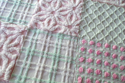 Picnic Time Chenille Quilt Squares Set from Vintage Bedspread Fabric, 16 Blocks, 6" x 6" inches each, Pretty Green, White, Pink Rosebud