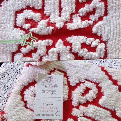 Festive Red Chenille Fabric in Vintage White Daisy Design, 19" x 26" Inch Piece, Unique Geometric Design, Ideal for Festive Crafts