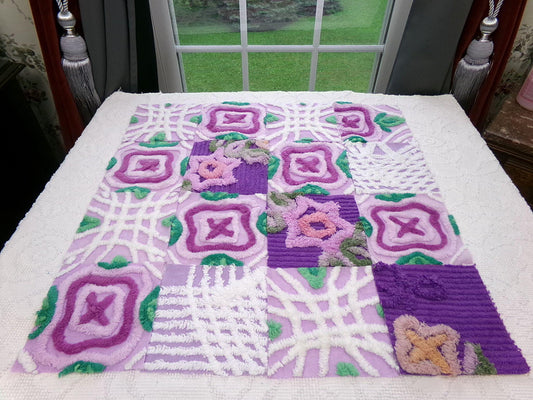 moondance chenille fabric squares, set of 16 vintage 6" craft blocks, lavender purple roses & white for quilt inlays, pillows, fiber arts